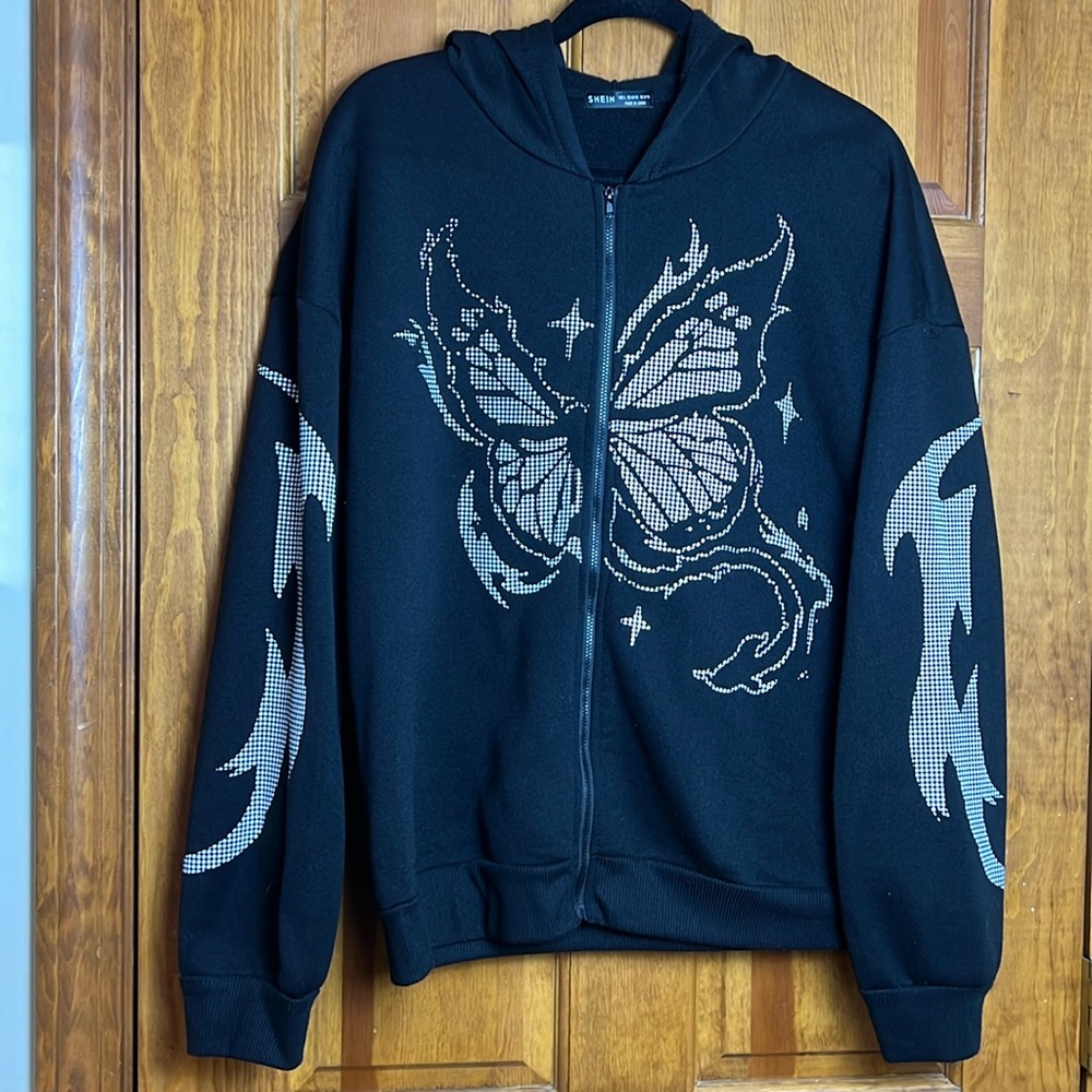 Women's Shein Size Large Black Hoodie Zip-Up With Graphics